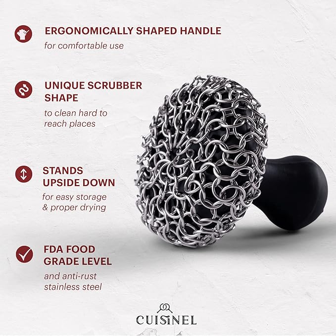Cuisinel CAST IRON CHAINMAIL SCRUBBER AND PAN SCRAPER - ERGONOMIC DESIGN STAINLES