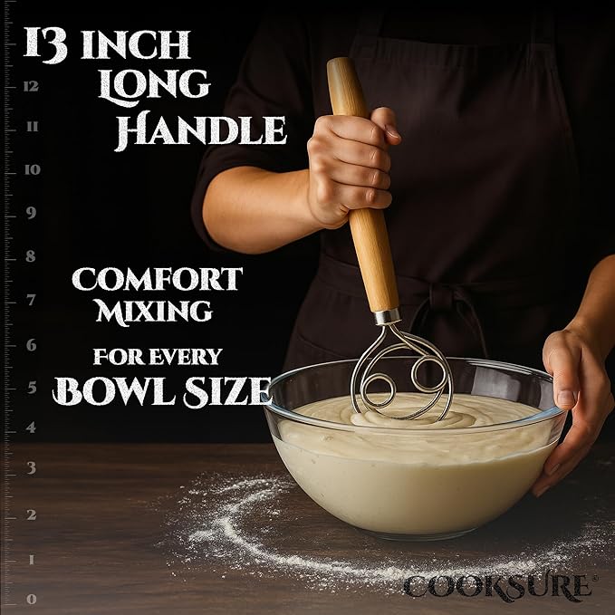 13 Inch Danish Dough Whisk – 304 Stainless Steel Dough Whisk with Smooth Wooden Handle for Easy Sourdough & Bread Mixing