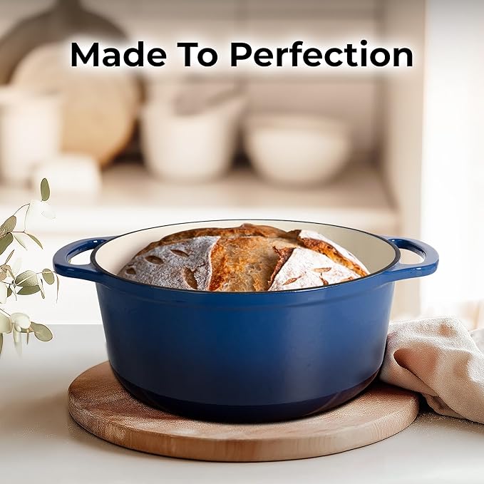 Zulay Kitchen 6 Quart Enameled Cast Iron Dutch Oven Pot with Lid – Premium Durability & Oven Safe up to 500°F – Heavy Duty Cookware Perfect for Bread Baking, Stews, Braising & Roasting – Blue