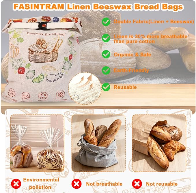 3 Pack Beeswax Bread Bags for Homemade Bread & Sourdough,Reusable Organic Linen Beeswax Sourdough Bread Bags with Linen Bowl Cover,17 x 13" Food Storage Cloth Bag-Keeps Bakes Fresh Longer