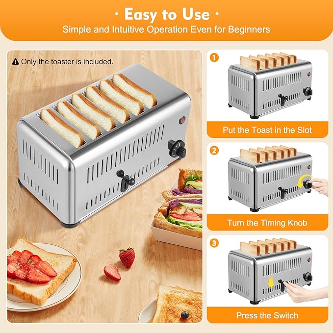 1680W Commercial Toaster, Commercial 6 Slices Stainless Steel Toaster 2 Modes Electric Machine with 1-5 Minutes Timier & Pull-Out Crumb Tray for Home, Bakery 16.1 x 8.7 x 8.5 Inch