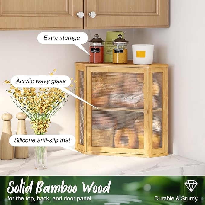 Corner Bread Box, Large Bamboo Bread Box for Kitchen Countertop, 2 Tier Wooden Bread Storage (Natural, Large)