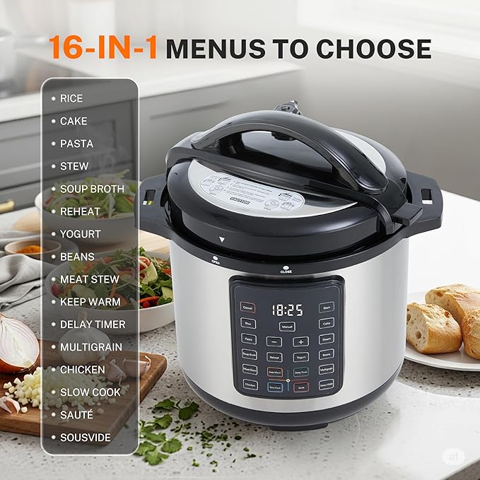 Simple Deluxe 8QT 16-in-1 Multi Electric Pressure Cooker, Non-Stick Stainless Steel Multi-Cooker for Yogurt Maker, Slow Cook, Sauté, Cake, & Warmer, 8 Quarts