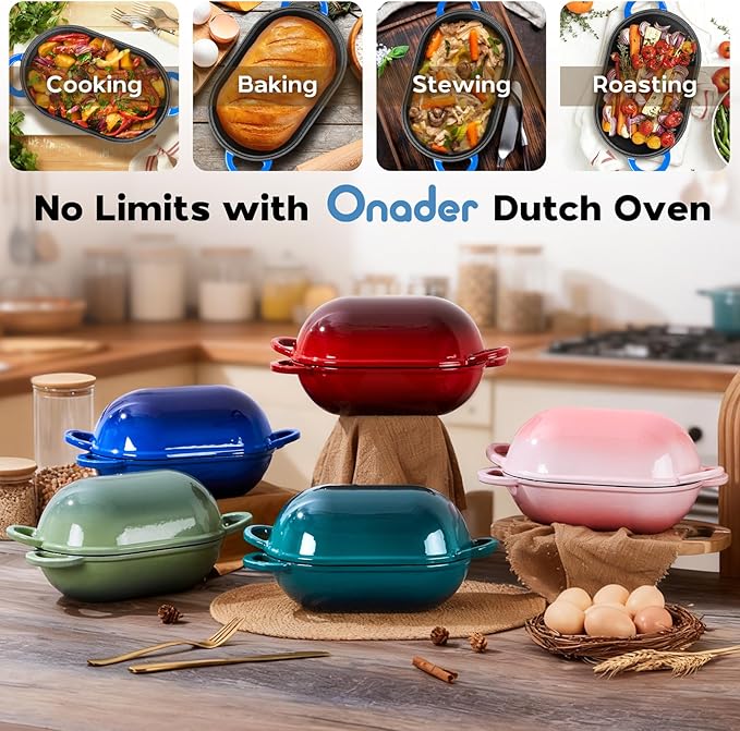Onader 2.8QT Enameled Cast Iron Dutch Oven, Dutch Oven Pot with Lid for Sourdough Bread Baking, Oval Meatloaf Pan, Heavy Duty - Blue