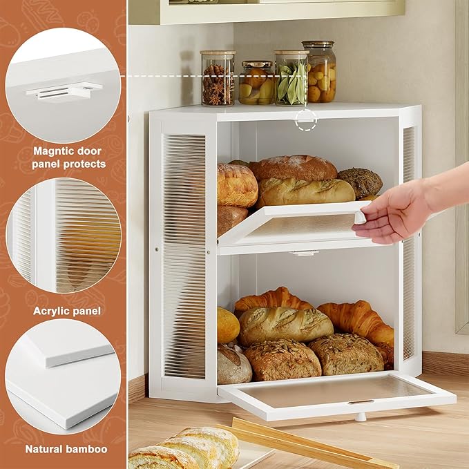 WOWLIVE Corner Bread Box for Kitchen Countertop, Double Layer Bamboo Bread Storage Container, Large Farmhouse Bread box with Acrylic Wavy Door Panel, Under Cabinet Organizer (White, Extra Large)