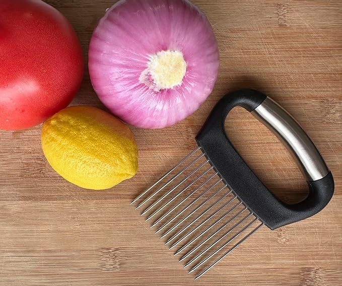 Large Onion Holder for Slicing,Stainless Steel Food Slice Holder,Kitchen Chopper Assistant Tool for Vegetable Slicers,Fruit Cutters,Meat Tenderizers,Home Kitchen Tool with Protective Cover (Black)