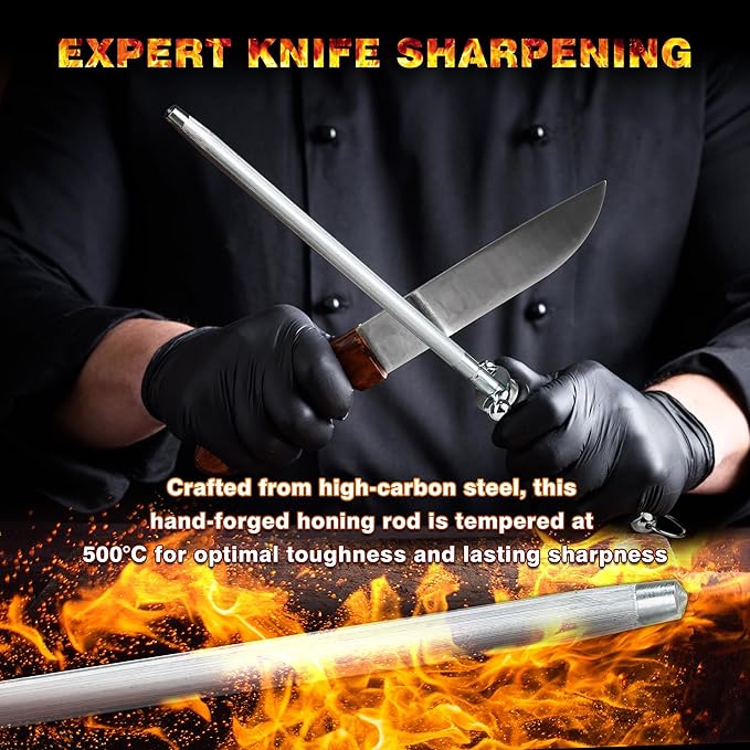 Knife Sharpener Rod, Kitchen Knives Sharpener Carbon Steel Professional Knife Sharpening Steel, Honing Rod with Hanging Holes (13 inches)