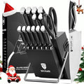 BRODARK Kitchen Knife Set with Block and Sharpener, 15 Pcs Sharp Knives Set for Kitchen, Christmas, Stainless Steel Full Tang Knife Block Set, Ergonomic Handle Professional Chef Kitchen Knives Sets