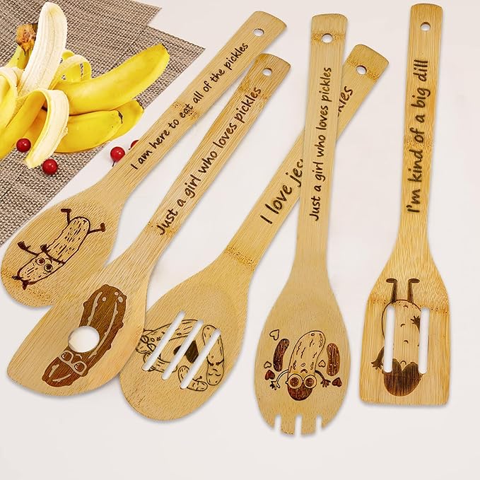 Cucumber Wooden Cooking Spoons Set of 5,Emotional Support Pickle Gifts,Cucumber Decor Gifts,Cooking Spoons Housewarming Wedding,Great Gift Women,Mom,Friends,Coworker,Home Decor and Encouragement