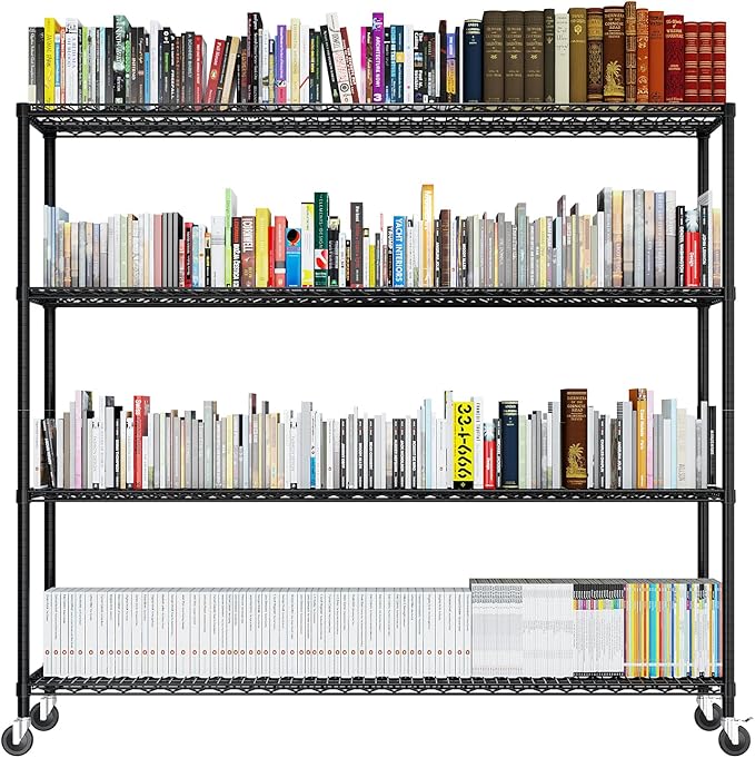 Karl home 4-Tier Adjustable Metal Storage Shelves, Wire Shelving Unit with Wheels & Leveling Feet, Heavy Duty Garage Shelving, Pantry & Kitchen Display Shelf Organizer, Home Storage Rack
