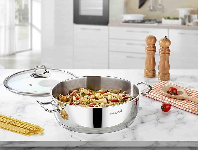 SAFLON Stainless Steel Tri-Ply Capsulated Bottom 5 Quart Saute Pot with Glass Lid, Induction Ready, Oven and Dishwasher Safe