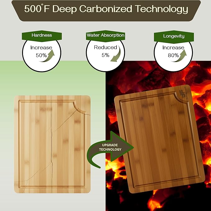 Bamboo Cutting Board for Kitchen, set of 3, Wooden Chopping Board Set with Deep Juice Grooves & Built-In Handles, Knife-Safe Wooden Chopping Boards for Meats, Veggies & Fruits
