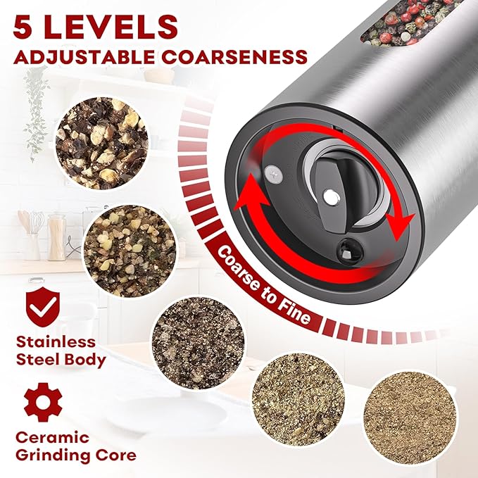 Electric Salt and Pepper Grinder Set: Automatic Rechargeable Salt and Pepper Shakers with USB Charging Base, Adjustable Coarseness, 110ml Large Capacity, Stainless Steel Pepper Grinder for Kitchen