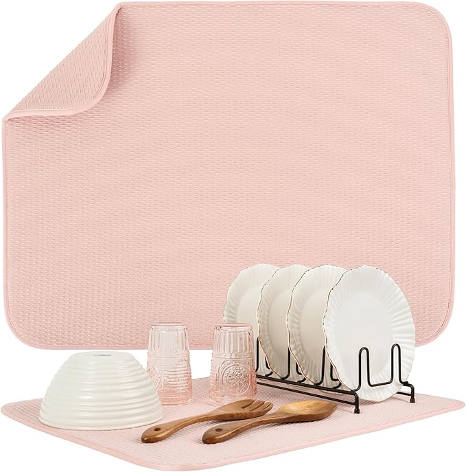 S&T INC. Dish Drying Mat XL, 18” x 24”, Absorbent Microfiber Kitchen Counter Mat, Drying Pad for Dishes, Utensils, Pots and Pans, Extra Large, Diamond Texture, Pink