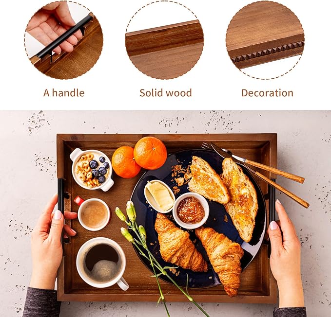 Rustic Wood Serving Tray with Handle Brown Rectangular Decorative Trays Farmhouse Charcuterie Boards Platter for Food, Fruit, and Coffee Great for Bed, Living, Coffee Table, Kitchen and Party