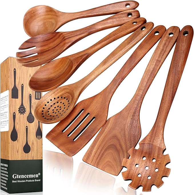 7 Pcs Teak Wood Kitchen Utensils Set Non Toxic BPA Free Cooking Tools with Spatula, Slotted Spatulas, Wooden Skimmer Spoons, Pasta Spoon, Mixing, Salad Fork & Spoons for Nonstick Cookware