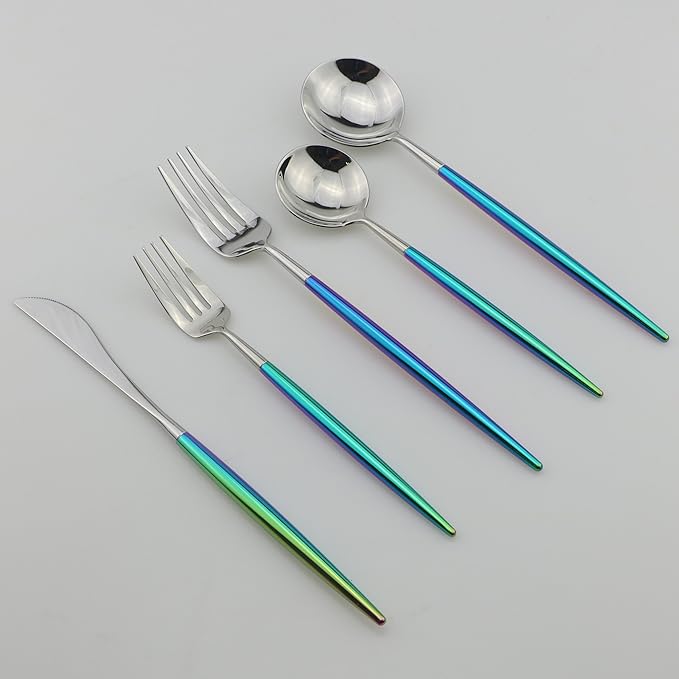 5-Piece Coloful Rainbow Handle Silver Flatware Set, Mirror 18/10 Stainless Steel, Service for 1