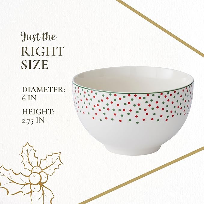 Spode Christmas Tree Polka Dot Rice Bowl - 6-Inch Porcelain Soup Bowls for the Holidays, Christmas Kitchen Bowls for Rice, Dessert, Cereal, Noodles, and Pasta, Dishwasher and Microwave Safe