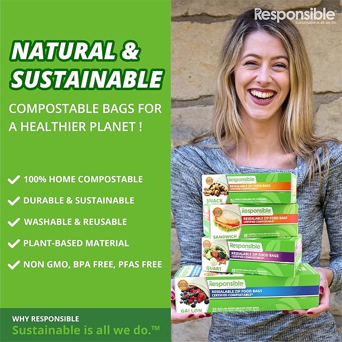 Certified Compostable QUART Resealable Zip Bag, Extra Strength Food Bags, Plant-Based Freezer-Safe (116 Pack)