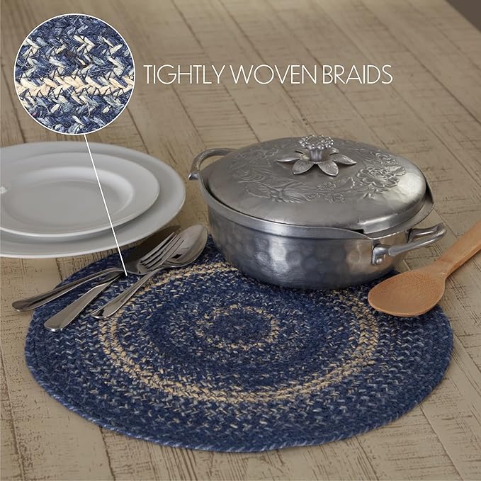 VHC Brands Great Falls Blue Trivet Hot Pad for Pots Pans, Blue White, Jute Blend, Round Circle, 15 Inches