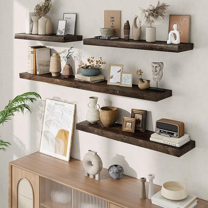 Floating Shelves, 8" Deep Rustic Solid Wood Wall Mounted Floating Shelves, Wall Shelves with Invisible Bracket for Living Room Bathroom Bedroom Kitchen, 40 Inch, Walnut