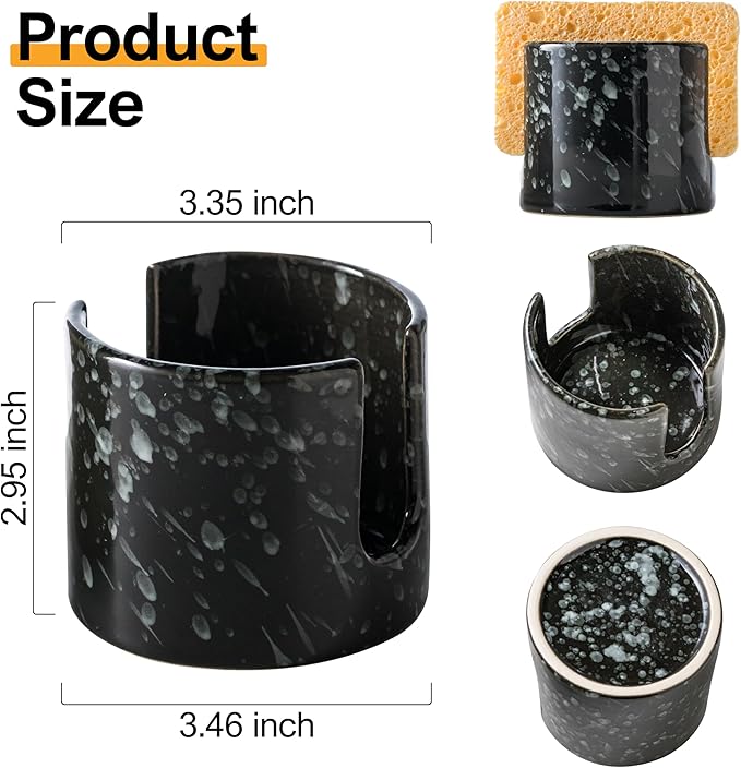 Sponge Holder for Kitchen, Ceramic Sink Caddy Scrub Sponge Rack Dish Rack Scrubbers Holder for Kitchen Sink, Bathroom, Black