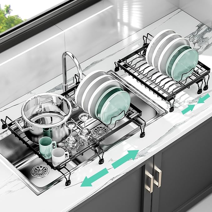BBXTYLY Expandable Dish Drying Rack Over The Sink, Adjustable Dish Rack in Sink with Expandable Feet, Inside Dish Drainer for Kitchen Counter, Drying Rack Fit for 11"-19" Kitchen Sink