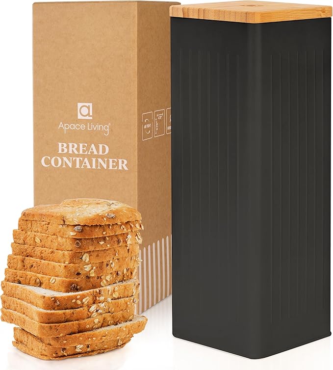 Apace Living FRESHSLICE Bread Container 2.0 | Bread Keeper with Airtight Lid | Metal Bread Box with Bamboo Lid for Homemade Bread, 5 Liter (Classic Black)