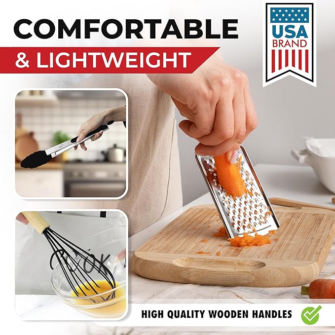 Kaluns 50 PCS Silicone Kitchen Utensils Set Complete Kitchen Set - 800°F Heat Resistant Non-Stick Premium Cooking Utensils W Wooden Handles - Can Opener, Masher, Turner, Silicone Spatula Set