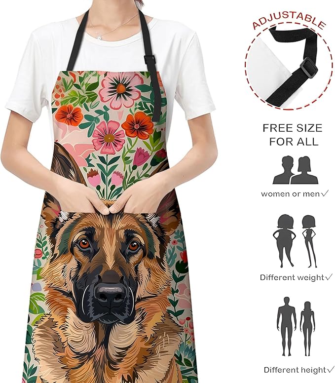 Charming German Shepherd Apron for Women Men, Cooking BBQ Chef Polyester Lightweight Dog and Vibrant Floral Aprons with Pockets for Baking Kitchen Gardening Cleaning, Adjustable, 28×33inch
