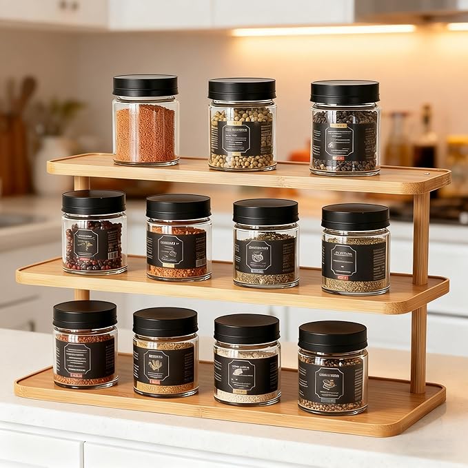 3-Tier Bamboo Mug Holder Countertop Coffee Station Organizer Spice Rack Shelf Mug Rack for Kitchen Cabinets