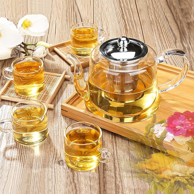 Glass Tea kettle Stovetop Safe, 40oz/1200ml Glass Teapot Gift Set with 4 Teacups, Tea Pot with Removable Infuser for Loose Leaf and Blooming Tea