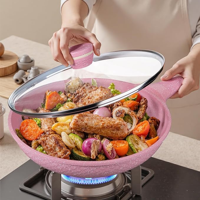 8 Inch Non Stick Frying Pans with Lid - 100% PFOA PFAS Free, Super Nonstick, All Stovetop Compatible Induction Gas Electric, Omelette & Egg Pan, Dishwasher Safe, Eco-Friendly Pink Pan