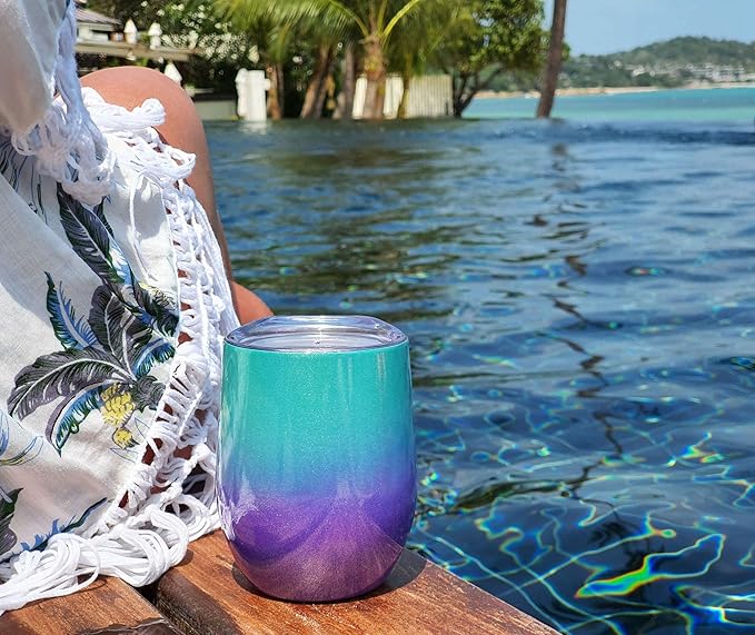 CHILLOUT LIFE 12 oz Stainless Steel Wine Tumblers 2 Pack - Double Wall Vacuum Insulated Wine Glasses Cups with Lids and Straws Set Keeping Cold & Hot for Coffee, Beer, Ice Cream - Mermaid Sparkle