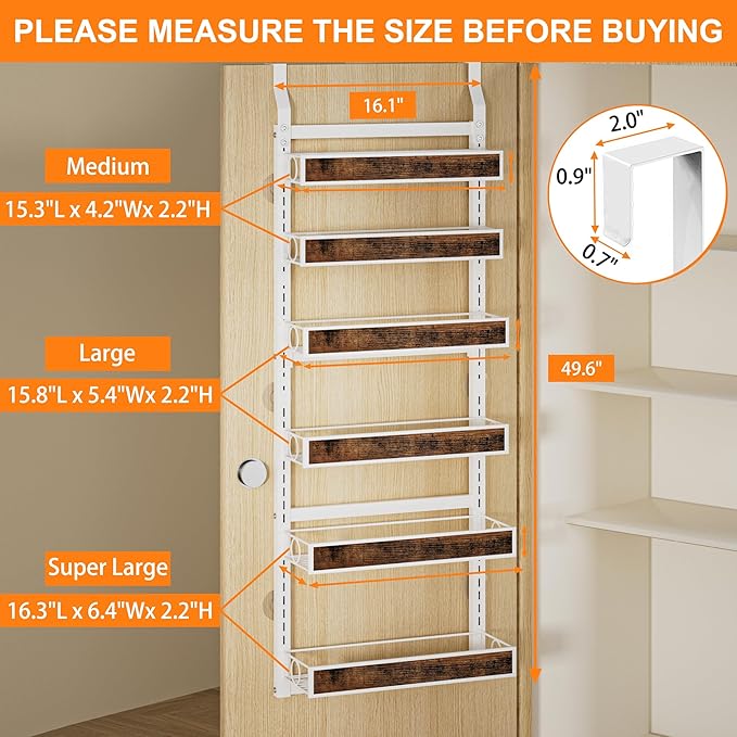 Over The Door Pantry Orangizer,6 Tier Wall Mounted or Hanging Spice Rack with Adjustable Wood Basket,Metal Heavy Duty Behind Door Storage Shelf for for Kitchen Pantry and Bathroom
