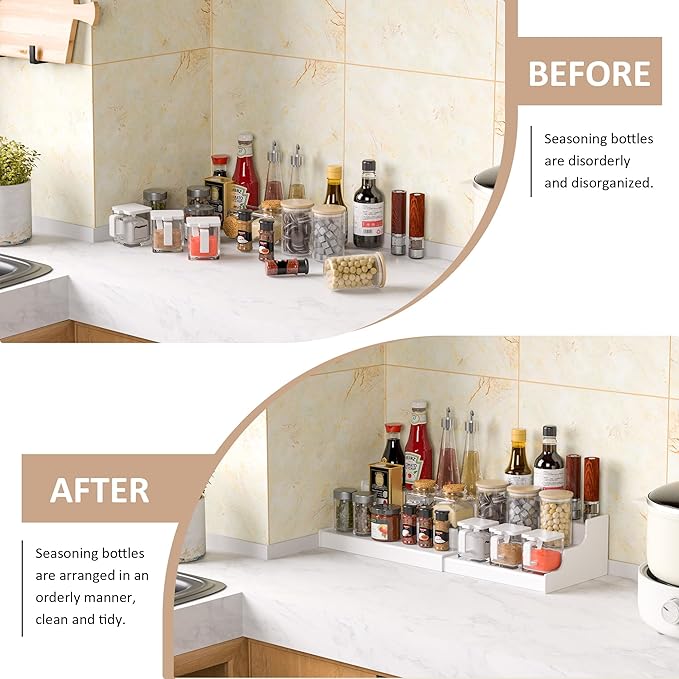Expandable Spice Rack Cabinet Organizer 3 Tier, White Kitchen Counter Display Shelf, Seasoning Organizer for Cabinet, Moisture Resistant