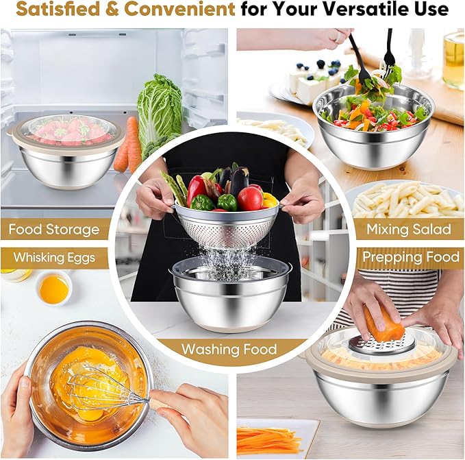 P&P CHEF Mixing Bowls with Lids Set of 3, Stainless Steel Mixing Bowl and Colander for Kitchen, 3 Grater Attachments & Non-Slip Bottoms, Visible & Airtight Lid, Khaki