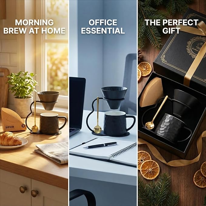 Pour Over Coffee Maker set,Ceramic Coffee Maker With V60 40 pcs Paper Filter，Metal Stand 9oz 270ml mug Pour Over Coffee Dripper black