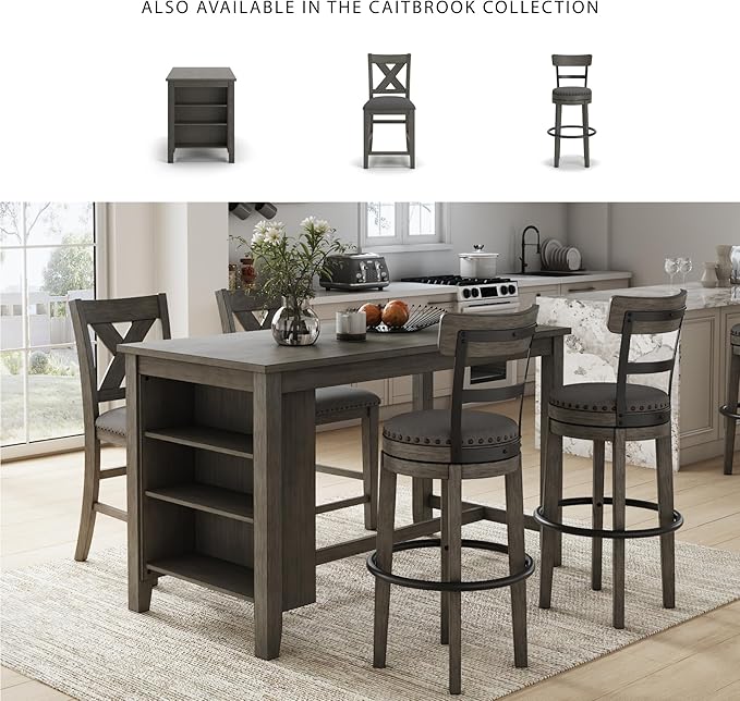 Signature Design by Ashley Caitbrook Casual Farmhouse Tall Upholstered Swivel Barstool, Nailhead Trim, Solid Wood, 30" H, Gray