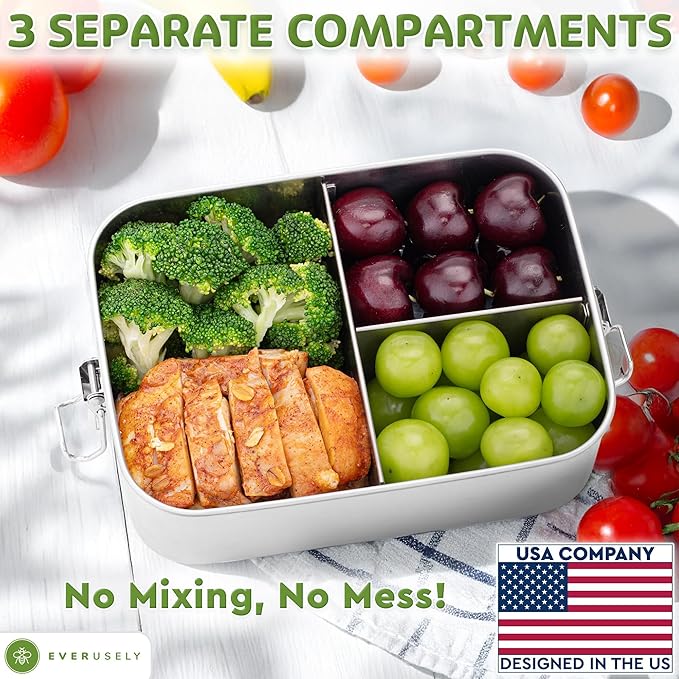 Everusely - Bento Box - Stainless Steel Lunch Box for Adults - 40 oz, 1.2 L - 3 Compartment Snack Container with Removable Silicone Seal + Secure Lock Clips - Non Plastic, Leakproof, Dishwasher Safe