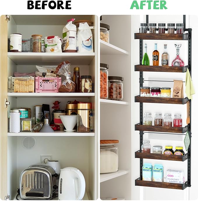 Jolitac Over The Door Pantry Organizer, 6-Tier Adjustable Solid Wood Rack Over-Door & Wall Storage Organizer with 8 Boards (2 Extra) Multi-Space Kitchen,Bathroom Reinforced Frame for Durable Use