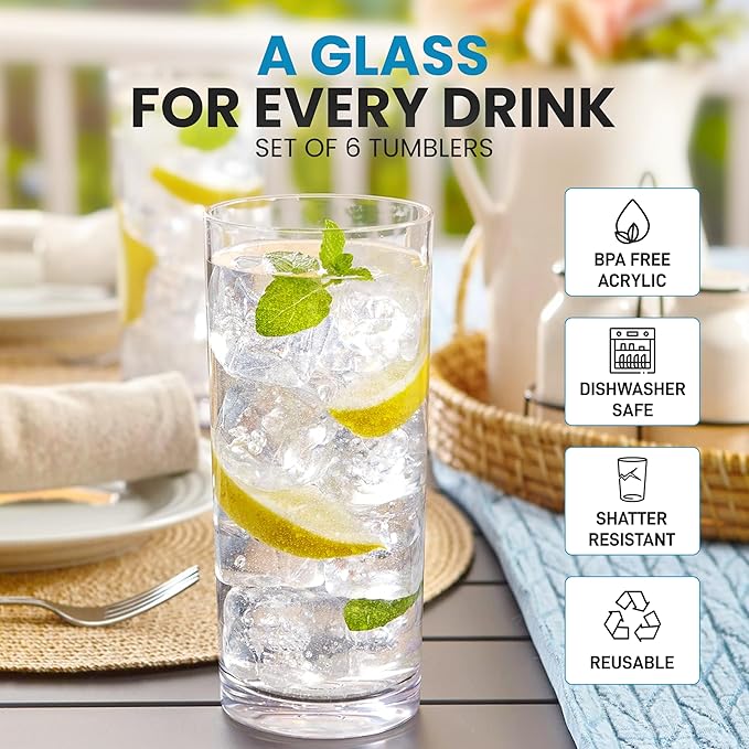 Zulay Kitchen Acrylic Glasses Drinkware - 6 Piece Unbreakable Plastic Tumblers - BPA-Free, Reusable Plastic Drinking Glasses for Home & Outdoors - Stackable, Lead-Free & Dishwasher Safe - (16 oz)