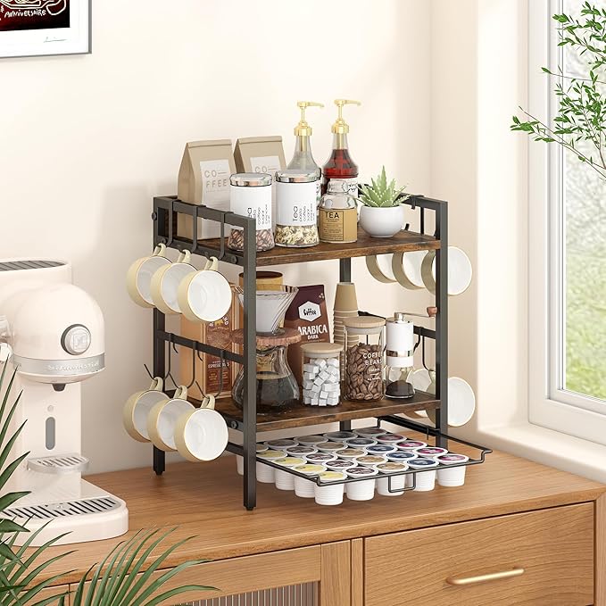 Coffee-Bar-Organizer With 25 K Cup & 12 Mup Holder, 3-Tier Kitchen Countertop Organizer For Coffee Station, Coffee Bar Shelf For Counter