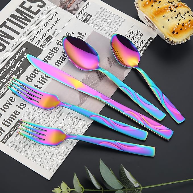 Rainbow Stainless Steel Flatware Set for 8, Ergonomic Silverware Set with Fork Spoon Knife, 40-Piece Colorful Cutlery Tableware Set - Dishwasher Safe