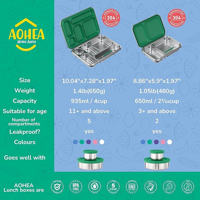 Stainless Steel Bento Box Kids, Kids Metal Bento Lunch Box BPA Free Lunch Box Containers 304 Stainless Steel Bento Box for School and Office(Green)