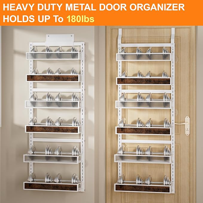 Over The Door Pantry Organizer,6 Tier Hanging Door Spice Rack with Adjustable Wood Basket and Acylic Basket,Metal Heavy Duty Door Storage Shelf for Kitchen Pantry and Bathroom