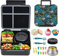 JSLOVE Bento Lunch Box with Leak Proof Thermos Food Jar for Kids, Food Lunch Containers for Boys with 4 Compartments, BPA-Free with Utensils, Food Picks, Sauce Jar & Silicone Lunch Box Dividers