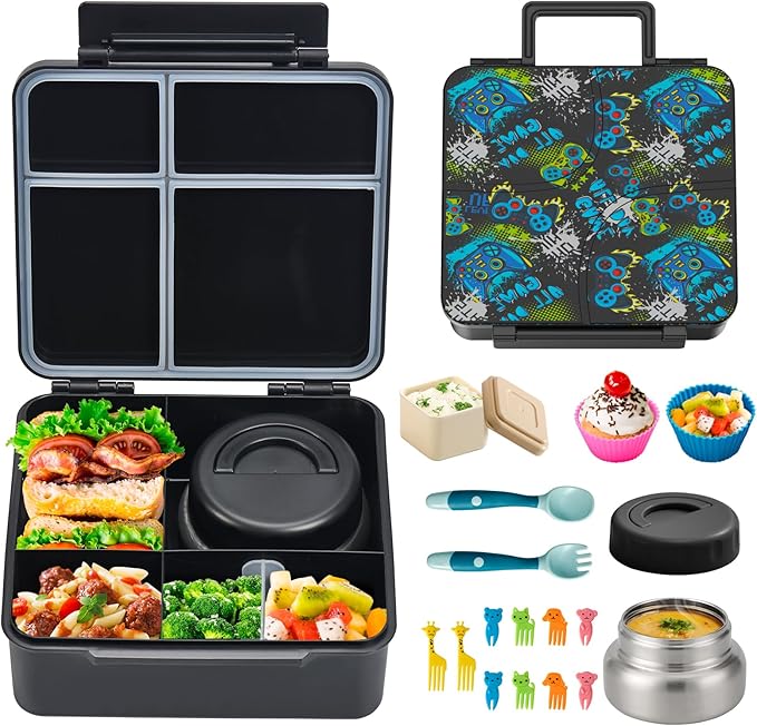 JSLOVE Bento Lunch Box with Leak Proof Thermos Food Jar for Kids, Food Lunch Containers for Boys with 4 Compartments, BPA-Free with Utensils, Food Picks, Sauce Jar & Silicone Lunch Box Dividers