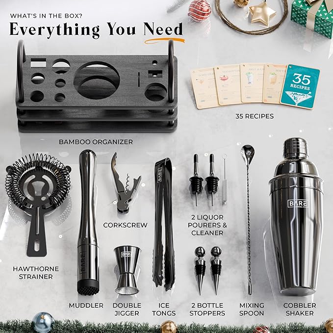 BARE BARREL® Mixology Bartender Kit Bar Set | 14-Piece Cocktail Shaker Set | Martini Barware Mixing Tools for Home Bartending | 35 Recipe Cards | Gift Set (24oz Cobbler Shaker, Jet Black/Black)