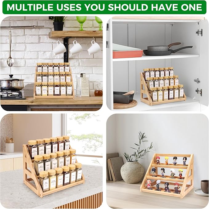 Spice rack,3-Tier Bamboo Spice Rack Organizer for Kitchen, Countertops & Pantries - Space-Saving Tiered Spice Rack